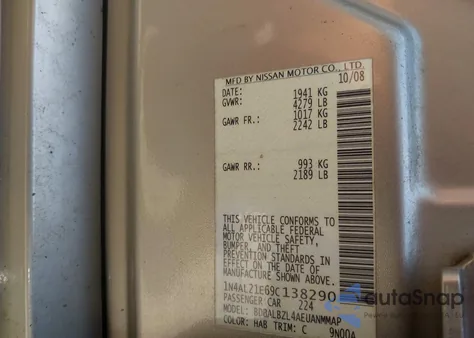 2009 Nissan Altima 2.5 S from USA, damaged, VIN 1N4AL21E69C138290